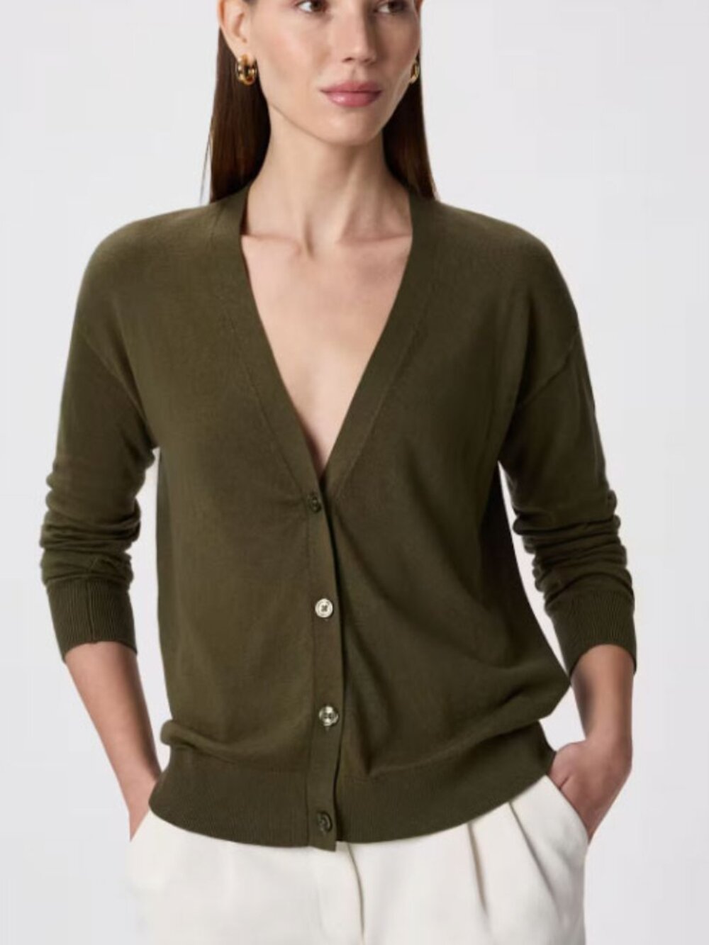 Quince Lightweight Cotton Cashmere Olive Cardigan, size S